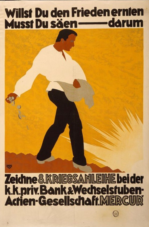 Deutsches Propagandaplakat für die Bank von Deutschland mit einem Mann in einem weißen Hemd und schwarzen Hosen mit Text, der Bankinformationen enthält.