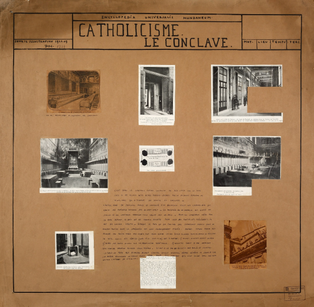 Ein Buch, das Bilder verschiedener Räume, Flure und Artefakte innerhalb der katholischen Kirche zeigt, begleitet von Texten, die die Geschichte und Bedeutung der Kirche schildern.