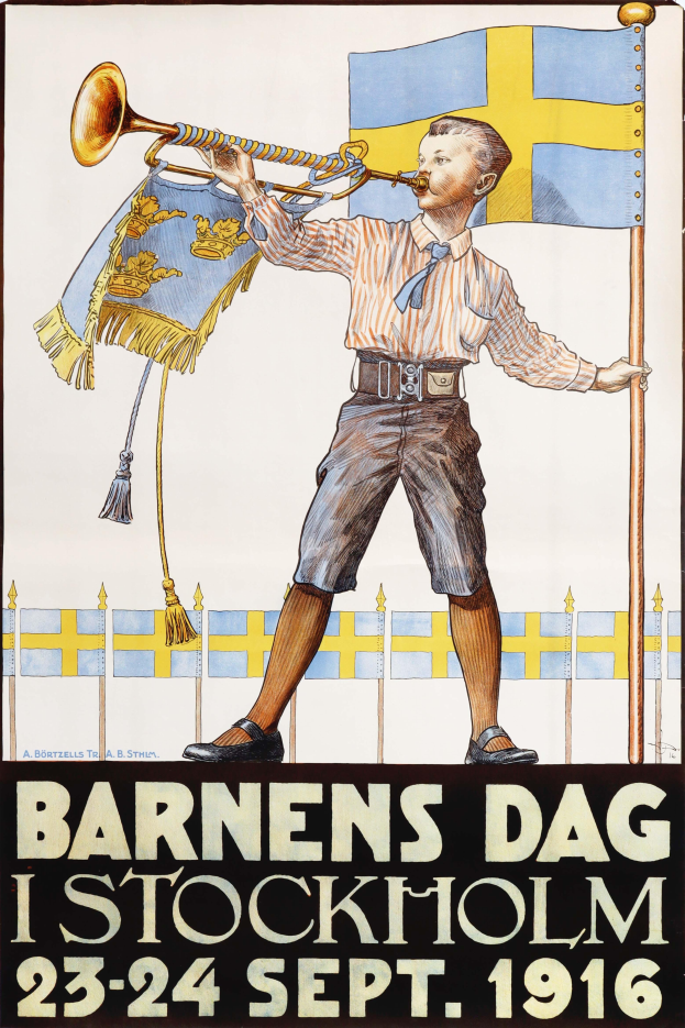 Ein Vintage-Plakat wirbt für ein Konzert im Jahr 1916 in Stockholm, Schweden, das eine Person mit einer Fahne und einem Musikinstrument zeigt, vor einem Zaun und mit Texten, die das Ereignis beschreiben.