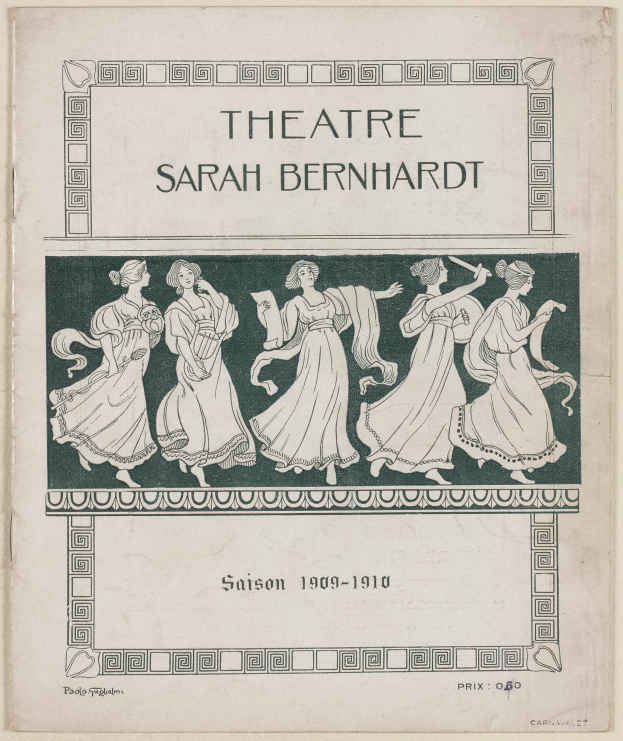 Ein Vintage-Plakat des Théâtre Sarah Bernhardt von 1909-1910, das eine Gruppe von Frauen in der Mitte und Text zeigt, der das Theater und seine Künstler beschreibt.
