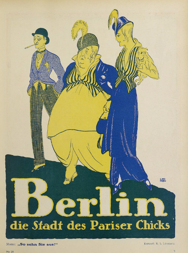 Ein Plakat, das ein Konzert in Berlin, Deutschland, ankündigt, zeigt eine Gruppe von Menschen in bunten Kleidern vor einem Gebäude mit der Aufschrift "Berlin - Die Stadt des Pariser Chicks" oben.