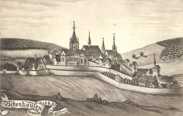 Schwarze und weiße Zeichnung einer Stadt mit einem zentralen Schloss, umgeben von Häusern, Bäumen, Hügeln und Himmel, beschriftet mit 'Bayerisch' unten.