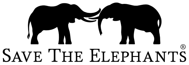 Zwei Elefanten mit verschlungenen Rüsseln schauen den Betrachter gegen einen hellblauen Hintergrund unter der fett weißen 'Save the Elephants' Schrift an.