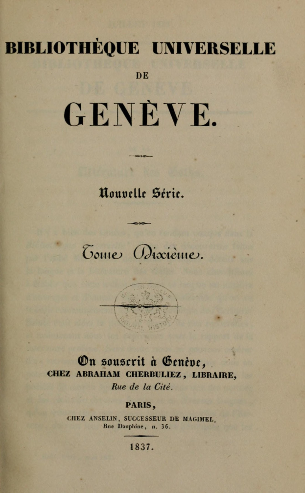 Altes Buch mit dem Titel 'Bibliothèque Universelle de Geneve' offen und zeigt Innentext.