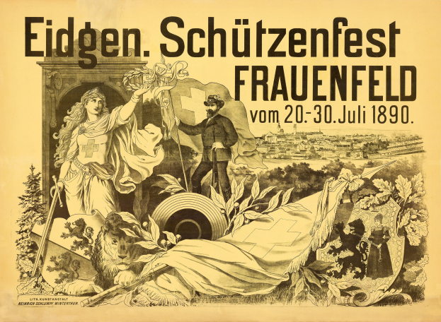 Plakat für das Eidgenössische Schützenfest in Frauenfeld, Deutschland, mit einem Mann im Anzug und einer Frau im Kleid nebeneinanderstehend und Ereignisinformationen im Text.