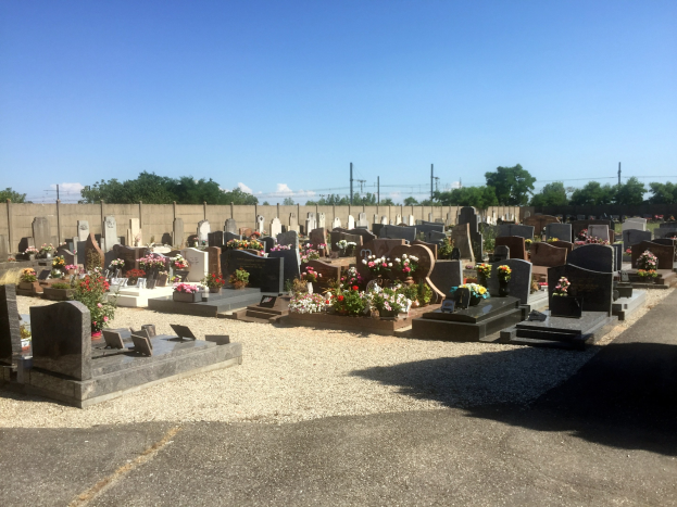 Ein Friedhof mit zahlreichen Grabsteinen, Blumen, einer fernen Wand, Strommasten mit Drähten, Bäumen und einem bewölkten Himmel.